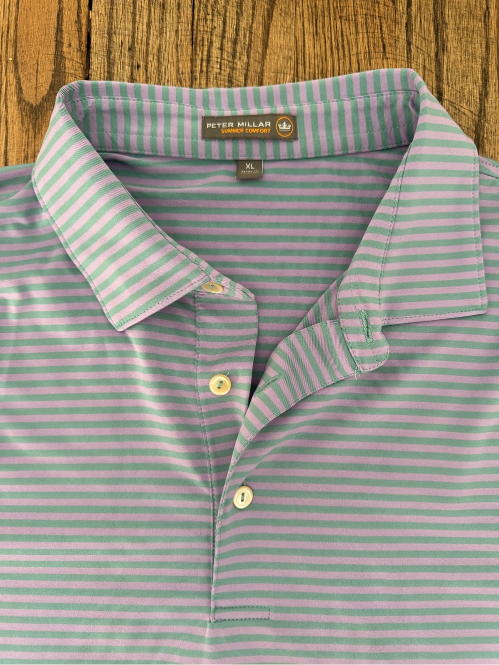 Peter Millar Men's Striped Golf Polo Shirt in Mint & Lavender XL